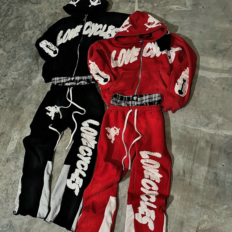 Custom Sweatsuit Two Piece Tracksuit Applique Distressed Embroidery Tracksuit Zip up Hoodie and Double Layer Sweatpants Sets Men