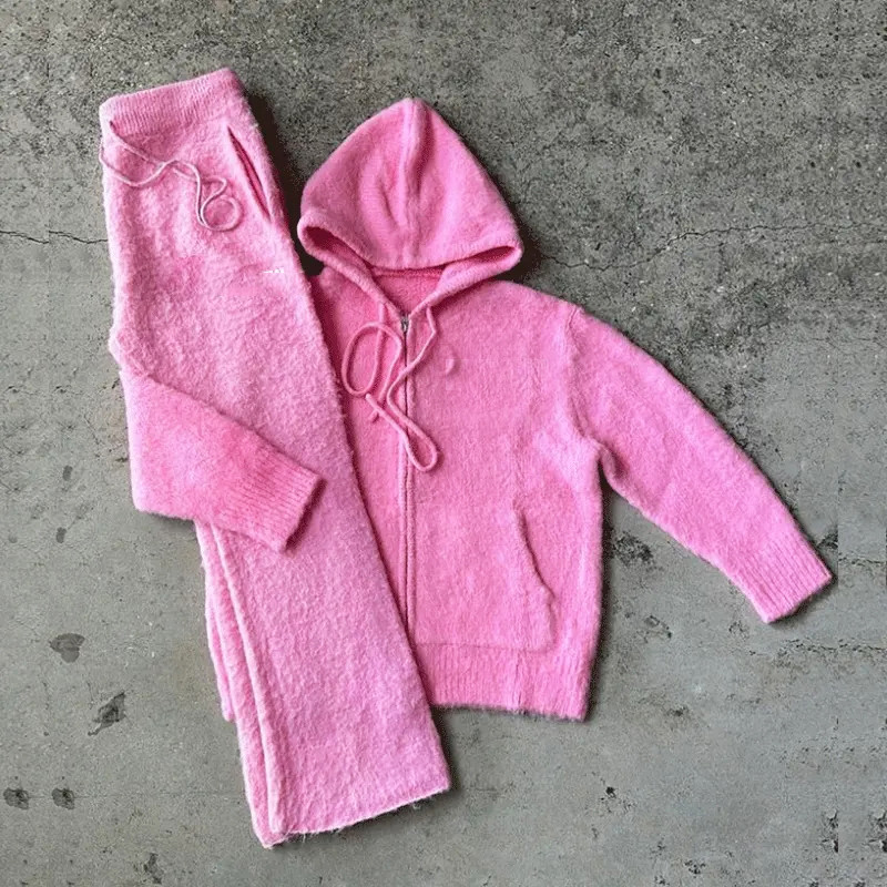 Mei Yue 2024 Custom Embroidery Logo Men Fuzzy Brushed Zipper Mohair Hoodie Sweater and Pants Mohair Sweats Suit Set