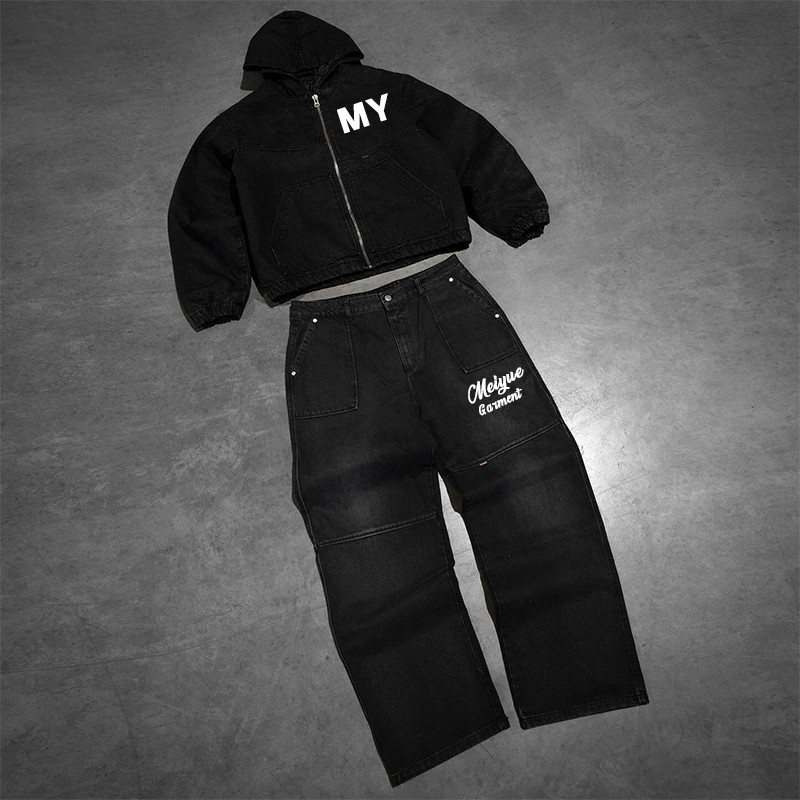 Custom Tracksuit Denim Zipper Hoodie Heavyweight Acid Wash Vintage Track Suits Jean Sweatpants and Jacket Set for Men