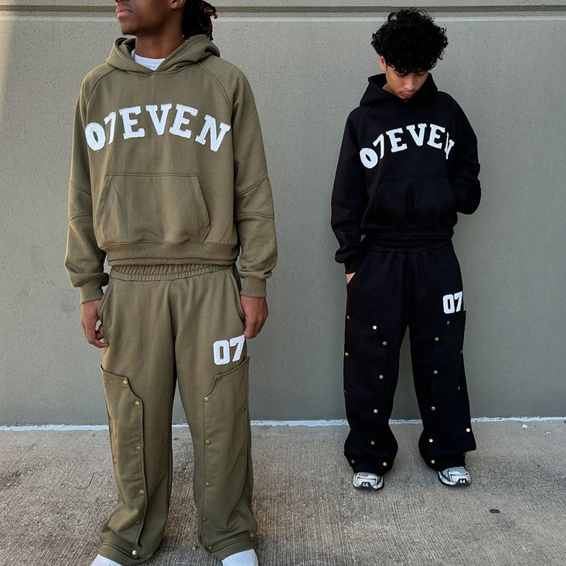 OEM Custom Tracksuits Screen Printing Zipper Hoodie Straight Baggy Stacked Flared Sweatpants Track Pant And Hoodie Set