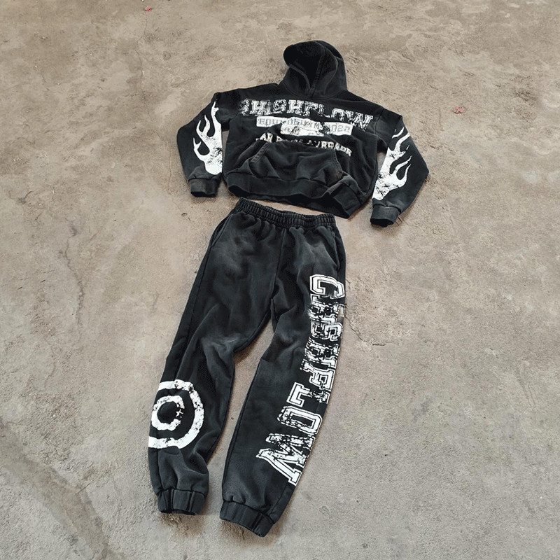 Custom Logo Cropped Hoodies Applique Embroidered Patches Jogging Sweatsuits  Acid Wash Tracksuits Jogger Sweatpants Men Set