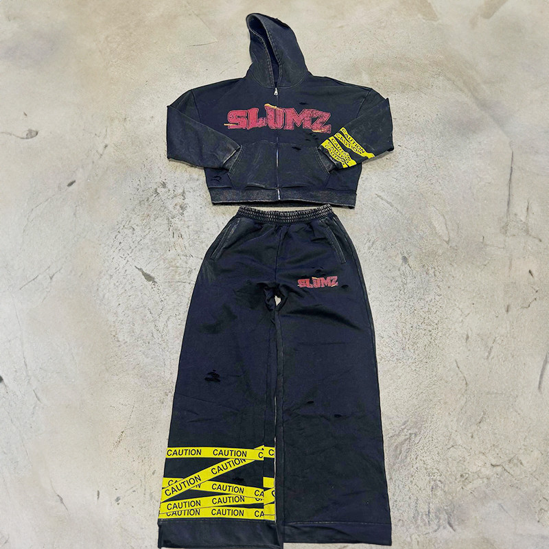 Acid Washed Sweatsuit Custom Zip up Vintage Screen Print Cropped Hoodies Tracksuit Baggy Flared Sweat Pant and Hoodie Set Men