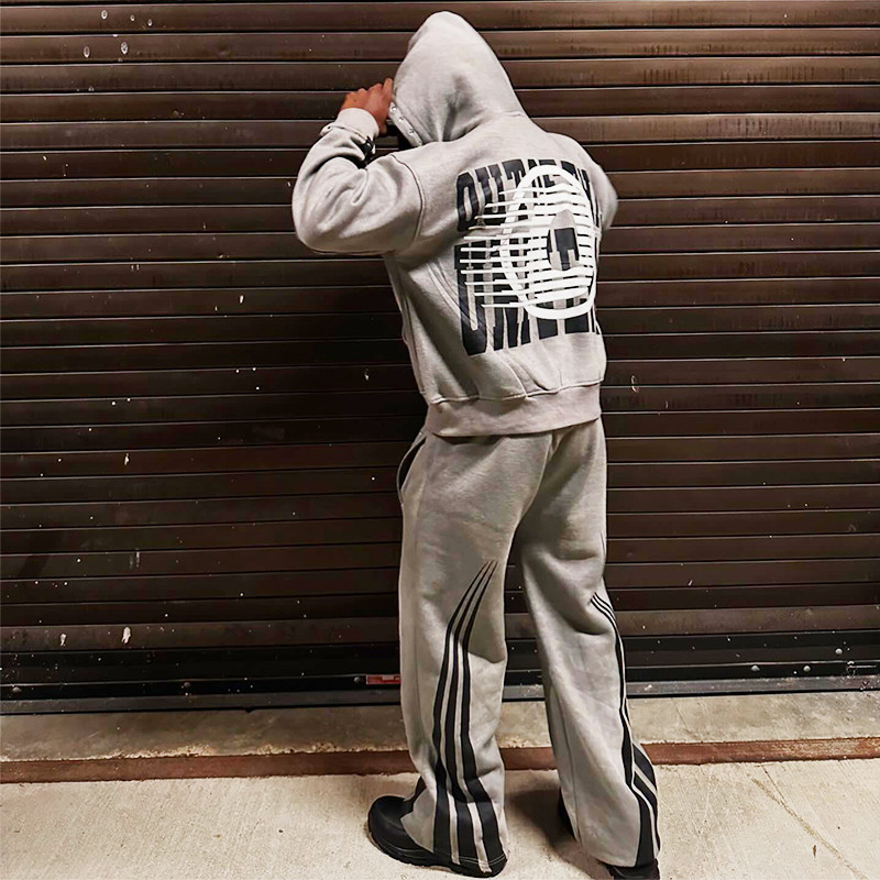Tracksuits Men Zipper Rhinestone Acid Wash Vintage Hoodie Stripe Design Track Sweatpants and Hoodie Set Custom Screen Print Logo