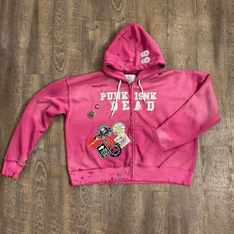 Embroidered Patches Logo Acid Wash Hoodie Sun Faded Vintage Zipper Hoodie