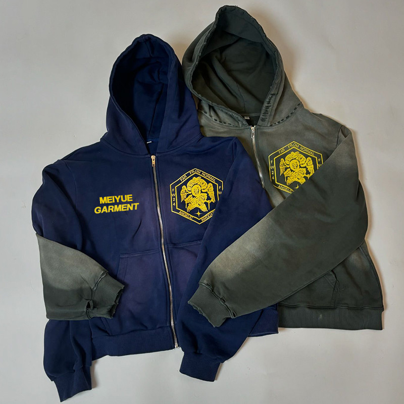 Screen Printed Logo Acid Wash Zip Hoodie Sun Fade Distressed Black Hoodie 420 Grams
