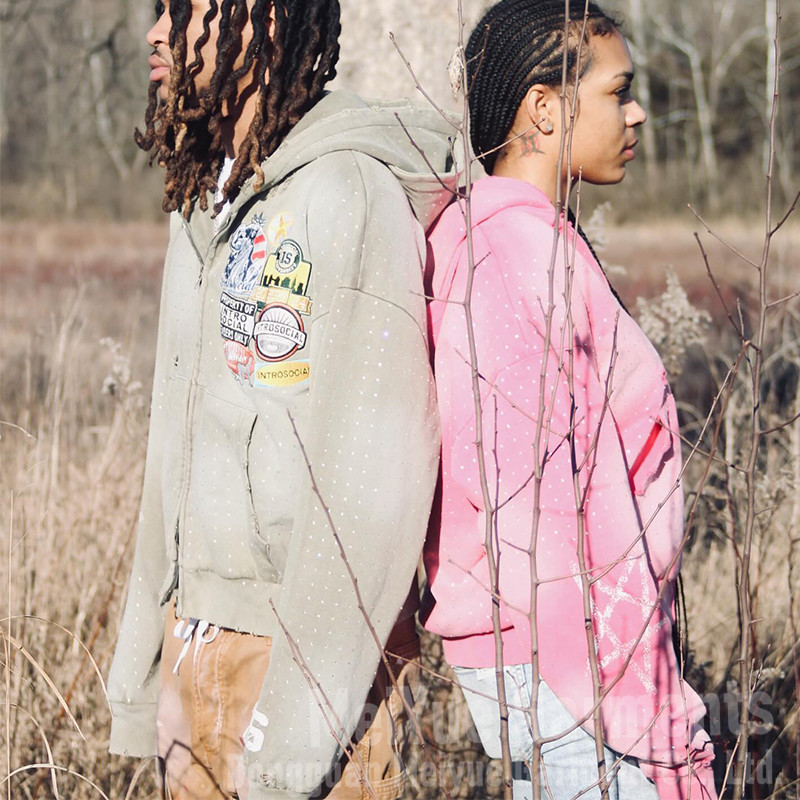 Embroidered Patch Distressed Zip Up Hoodie Cotton French Terry Hoodies Unisex