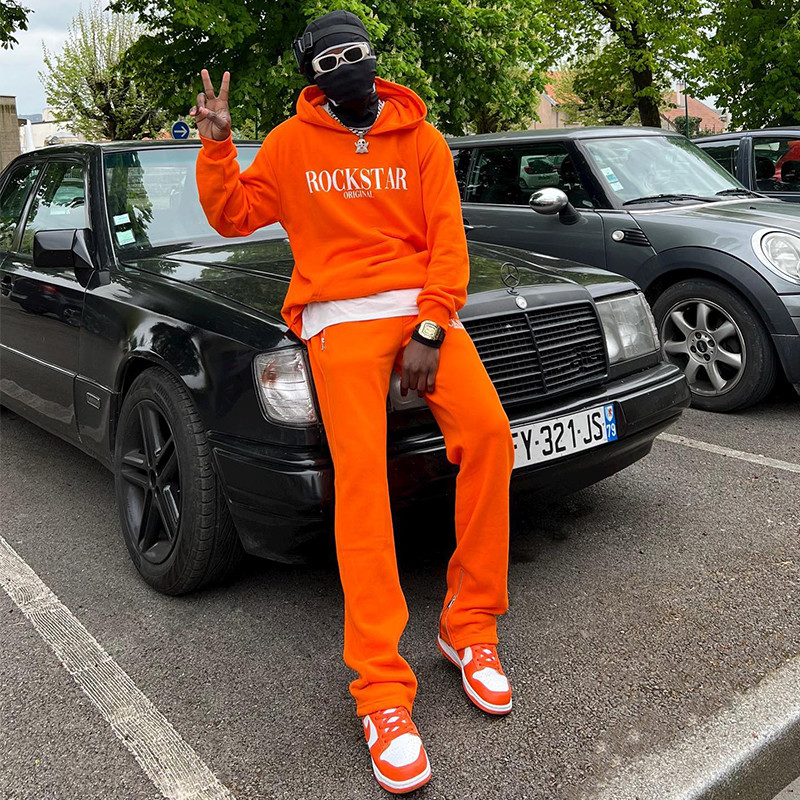 Custom Tracksuit Flare Baggy Stacked Sweat Pant Sweatsuit Pullover Fleece Oversized Streetwear Hoodie and Sweatpants Set
