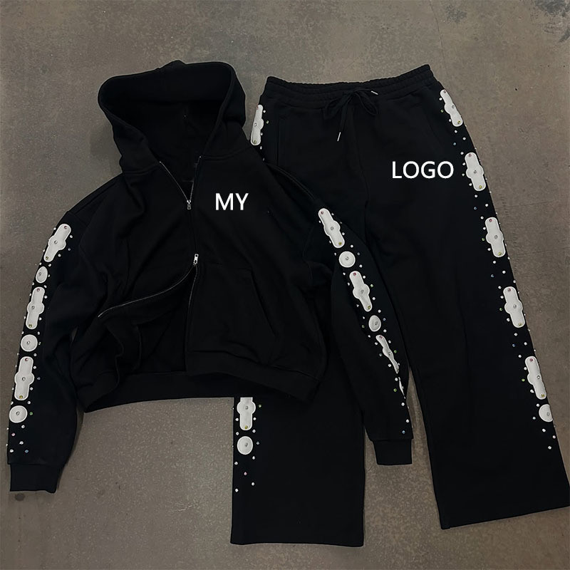 Custom Acid Wash Sweatsuit Embroidery Patchwork Cotton Hoodie Jogging Suits Flared Sweatpants and Hoodie Set Tracksuits for Men