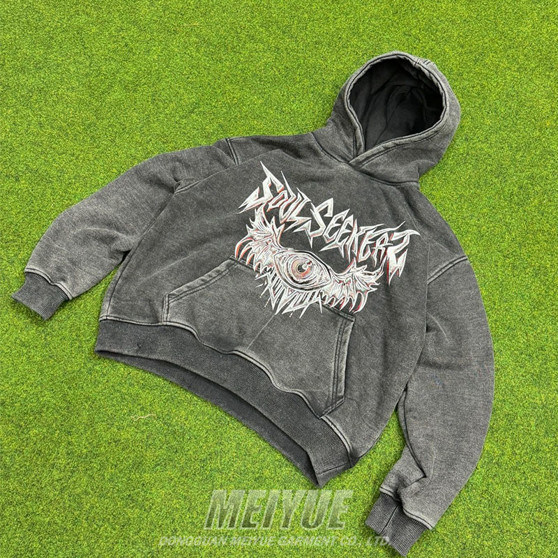 Heavy Vintage Distressed Grey Acid Wash Hoodie Drawstring Design OEM Service