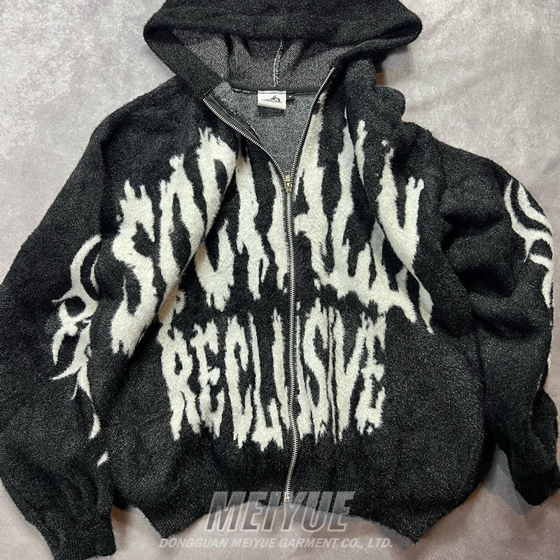 Custom Knit Mohair Logo Vintage Distressed Hoodies Warm Heavyweight Streetwear Zip Up Hoodie