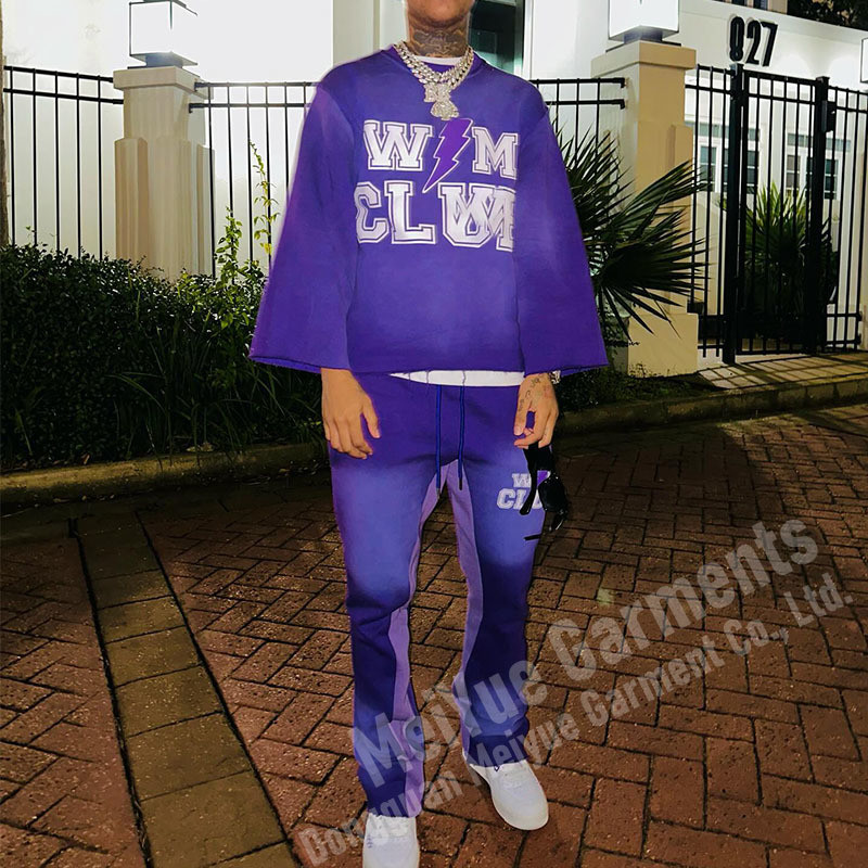 Custom Acid Wash Hoodie Vintage 2 Piece Set Distressed Raw Cut Edge Sleeve Hem Cropped Hoodies Flared Sweat Pant and Hoodie Set