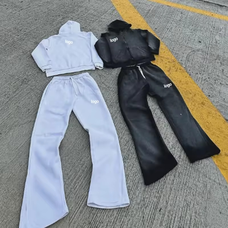 Custom Faded Vintage Jogging Set Zip up Tracksuit Sweat Suit Hoodie and Straight Leg Flared Sweatpants Acid Wash Two Piece Set