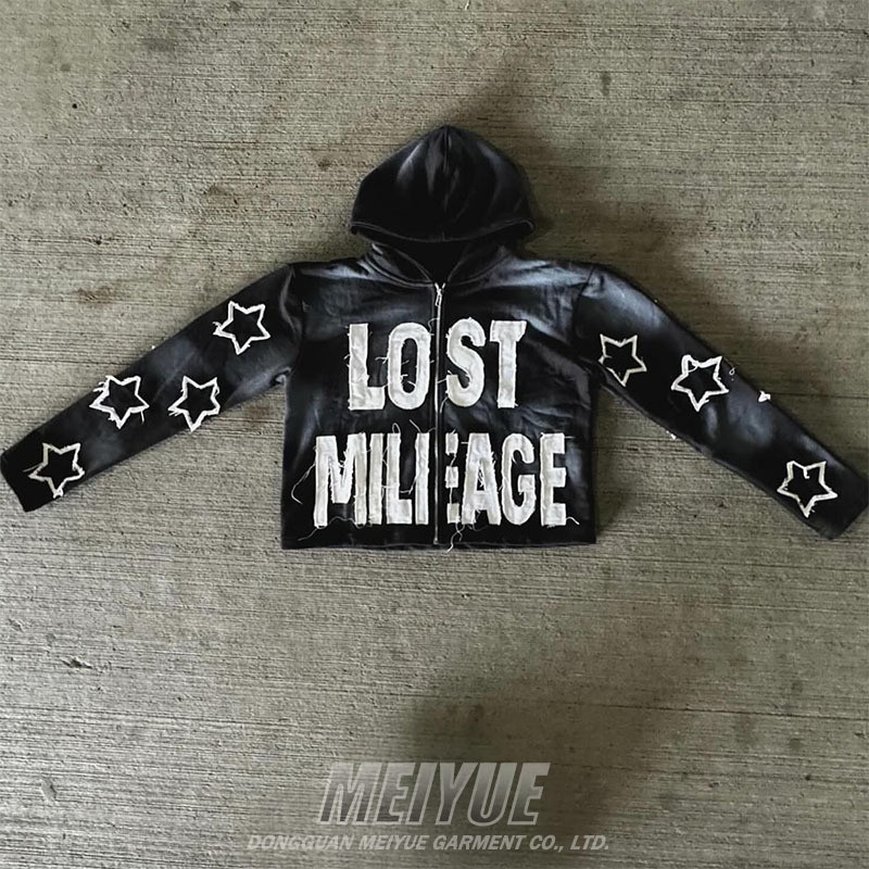Leather Applique Embroidery Hoodie Cropped Raw Hem Hoodie 420 Grams 480 Grams