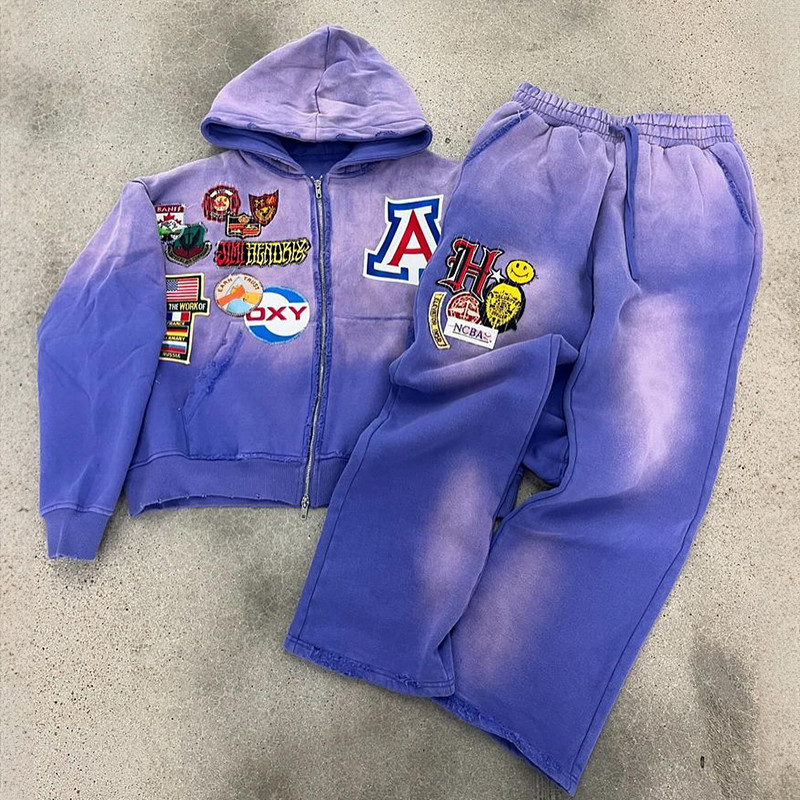 Clothing Manufacturers Custom Acid Washed Vintage Embroidery Patches Hoodies Heavyweight Wide Leg Pant Hoodie and Sweatpants Set