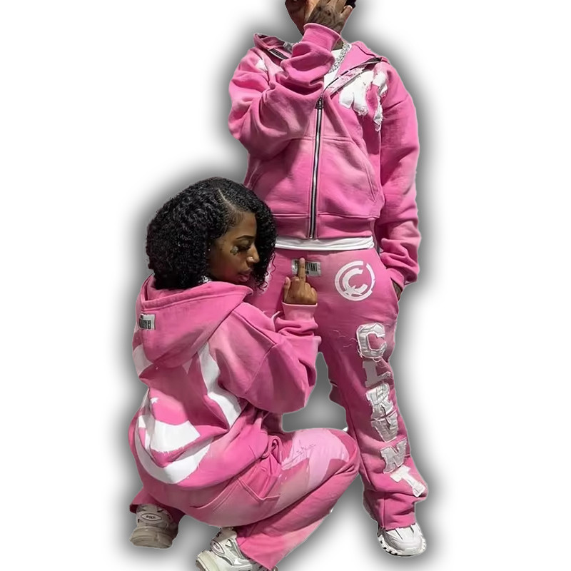 Custom Zip up Sweatsuit Acid Wash Applique Patch Embroidery Distresses Hoodie Jogging Tracksuit Flared Sweatpants and Hoodie Set
