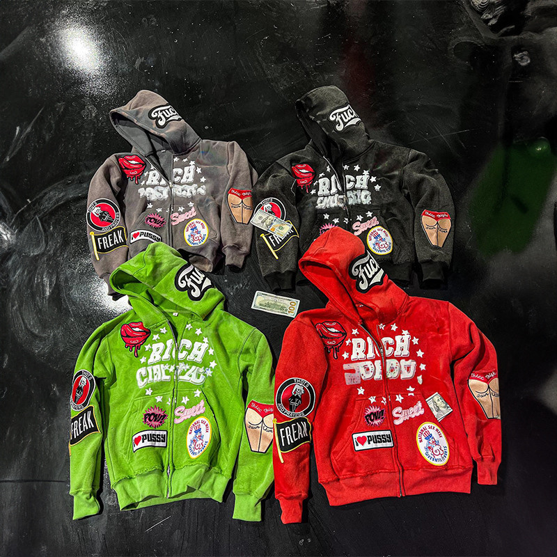 Embroidered Hoodie Streetwear Cropped Zip Up Hoodie Acid Washed Heavyweight