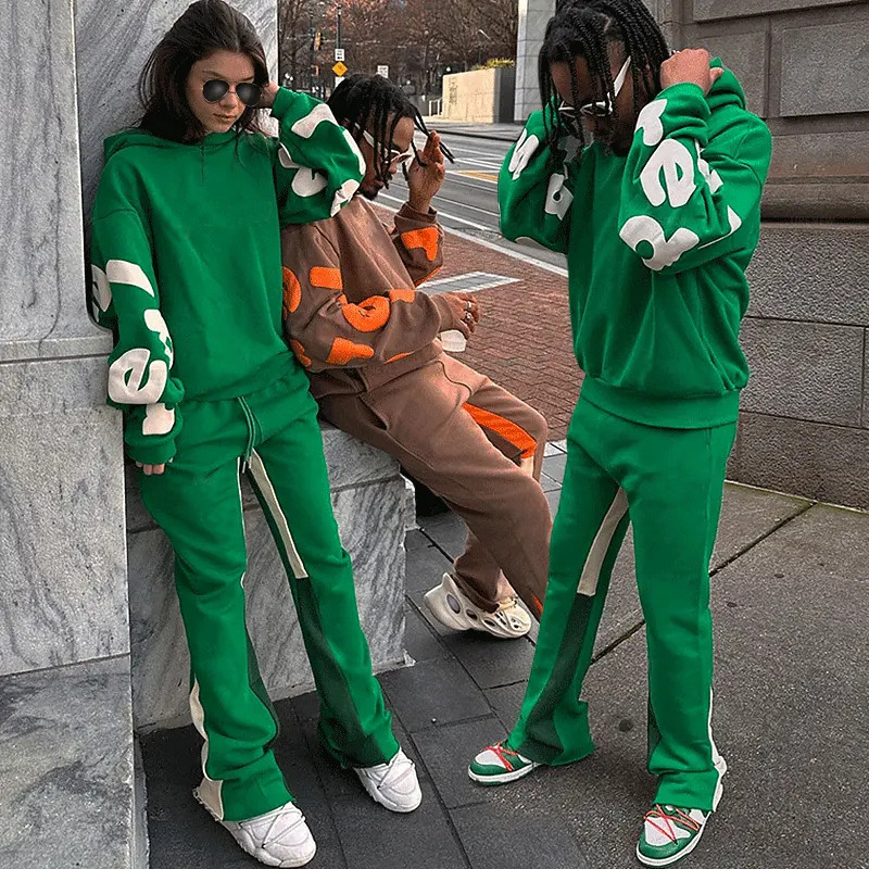 Custom Logo Puff Printing Hoodies Stacked Sweatpants Jogging Set Flared Sweat Pants Men Sweatsuits Unisex Sets and Hoodie Set