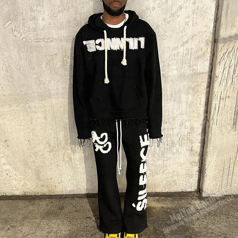Custom Embroidered Patches Logo Jogging 2 Piece Set Heavyweight Streetwear Distressed Hoodie Sweat Pant Blank Tracksuit for Men