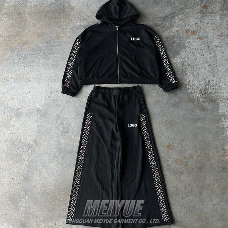 Rhinestone Puff Printing Logo Mens Zip Up Tracksuit Heavyweight Mens Sportswear Tracksuit