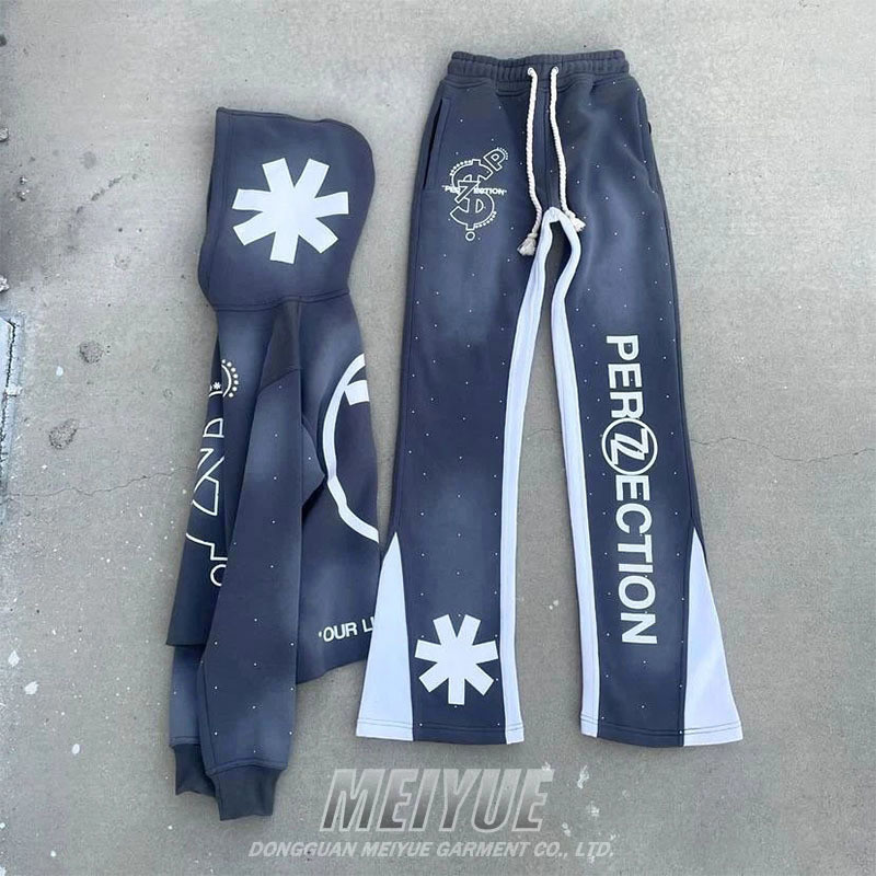 Cropped Raw Hem Hoodies And Jogger Set Flare Leg Tracksuit 3d Puff Print Antistatic