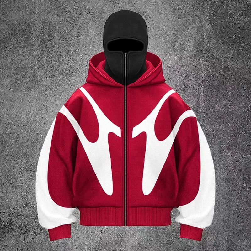 Heavy Cotton Mens Patchwork Hoodie Double Layered Masked Full Balaclava Zip Hoodies