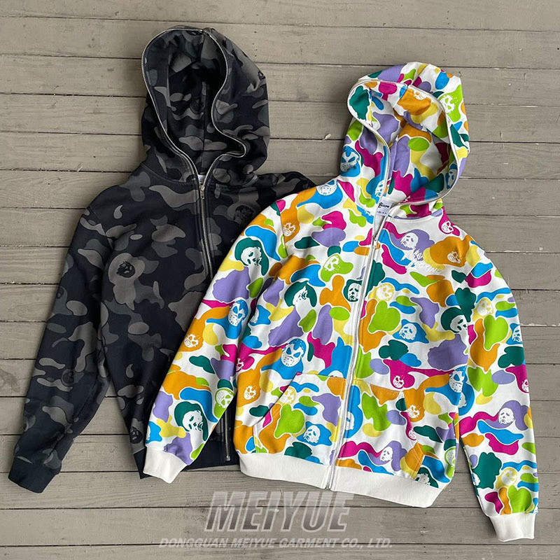 Customized Color Block Full Zip Up Hoodie 500gsm Streetwear Digital Print Embroidery Logo Hoodie