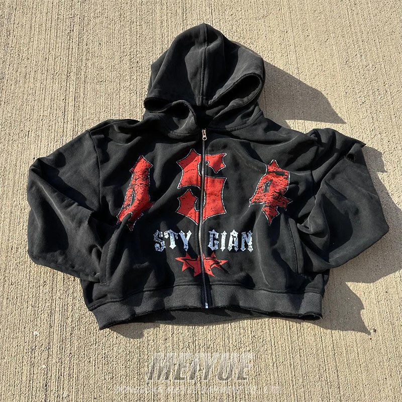 Custom Vintage Distressed Acid Washed Hoodie DTG Logo Streetwear Zipper Hoodie
