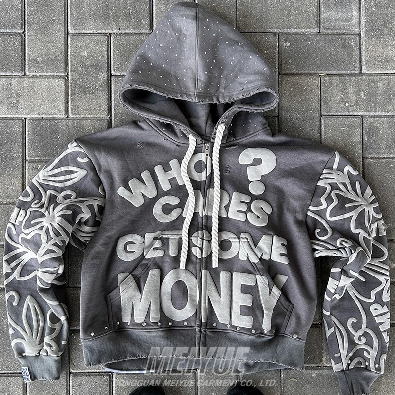 Custom Zip up Rhinestone Hoodies Acid Wash Gray Vintage Puff Print Hoodie Heavyweight Drop Shoulder Men's Hoodies & Sweatshirts