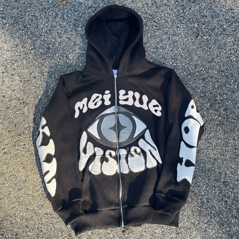Custom Puff Print Hoodie Zip up French Terry Tech Fleece Hoodies Casual Plus Size Unisex Heavy Cotton Streetwear Men