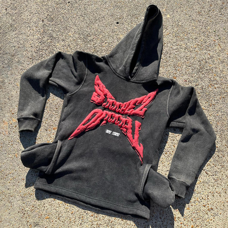 Custom Heavyweight Raw Hem Cut Edge Hoodies Puff Print Logo Acid Wash Sun Faded Vintage Hoodies Cut and Sew Oversized Streetwear