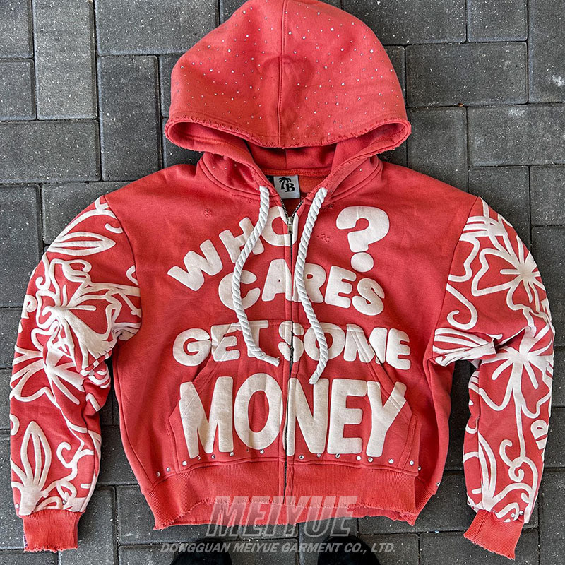Custom Zip up Rhinestone Acid Washed Vintage Puff Print Hoodie Distressed Oversized Drop Shoulder Streetwear Hoodie 500 Gsm