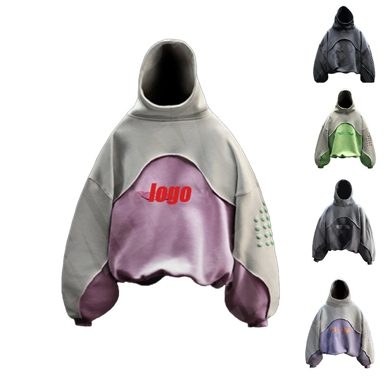 High Weight Two Tone Hoodies For Men Contrast Stitching Drop Shoulder Mock Neck Hoodies