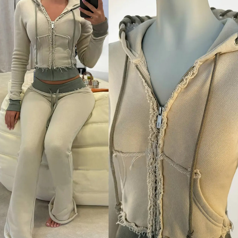 Acid Wash Distressed Womens Streetwear Tracksuit