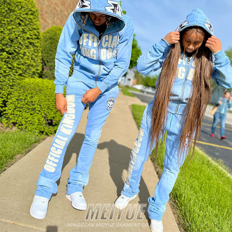 ODM Distressed Tracksuit Full Face Zip Up  Sweatshirt And Joggers Set Puff Embroidered