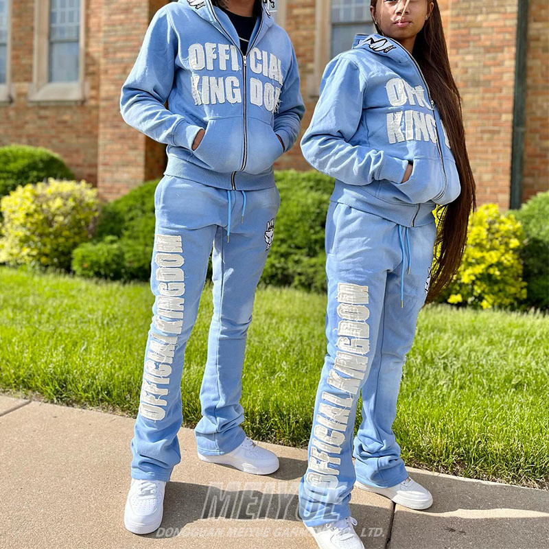Custom Distressed Streetwear Full Zip up 2 Piece Hoodie Slim Fit Jogging Suits Puff Embroidery Sweatpants and Hoodie Women Set