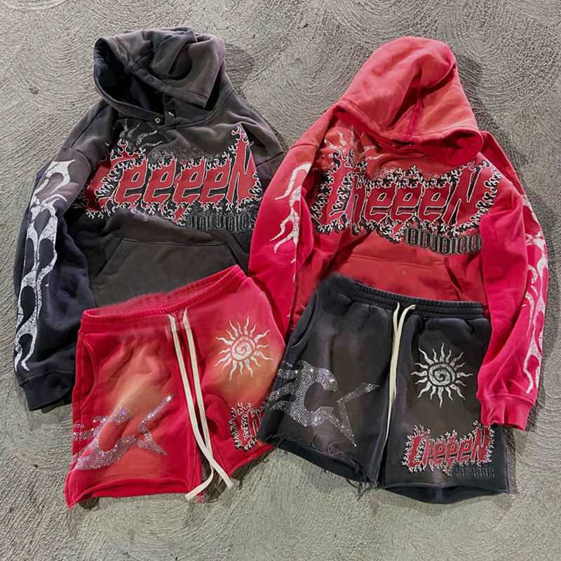 Rhinestone Vintage Hoodies And Shorts Set For Men