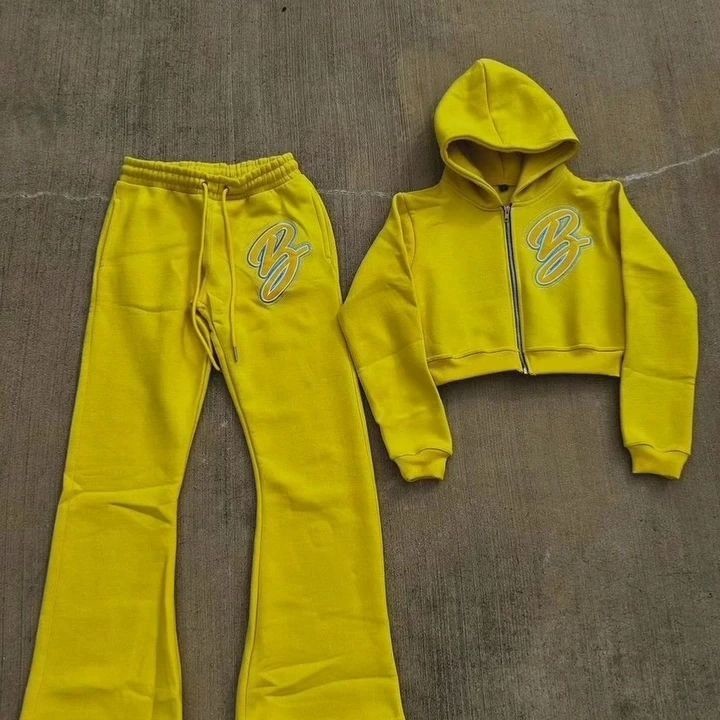 Custom Jogger 100% Cotton 3d Embroidery Rhinestone Zipper up Cropped Hoodie Jogging Sweatsuits Women Sweatpants and Hoodie Set