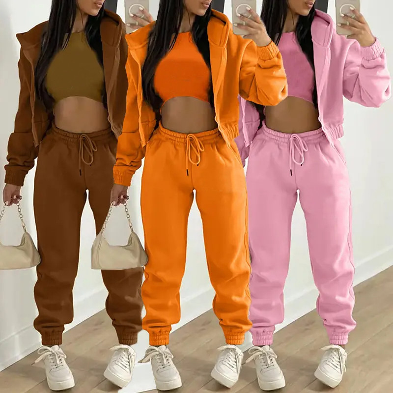 Cropped Pullover Ladies Sweat Suits Jogging Suits For Women Solid Pattern