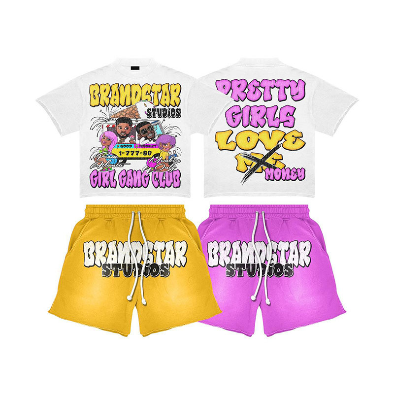 Custom Acid Wash Vintage Short Set Cropped Boxy T Shirts Cotton Streetwear Shorts T-Shirt Dtg Print Crop Tshirt and Shorts Set
