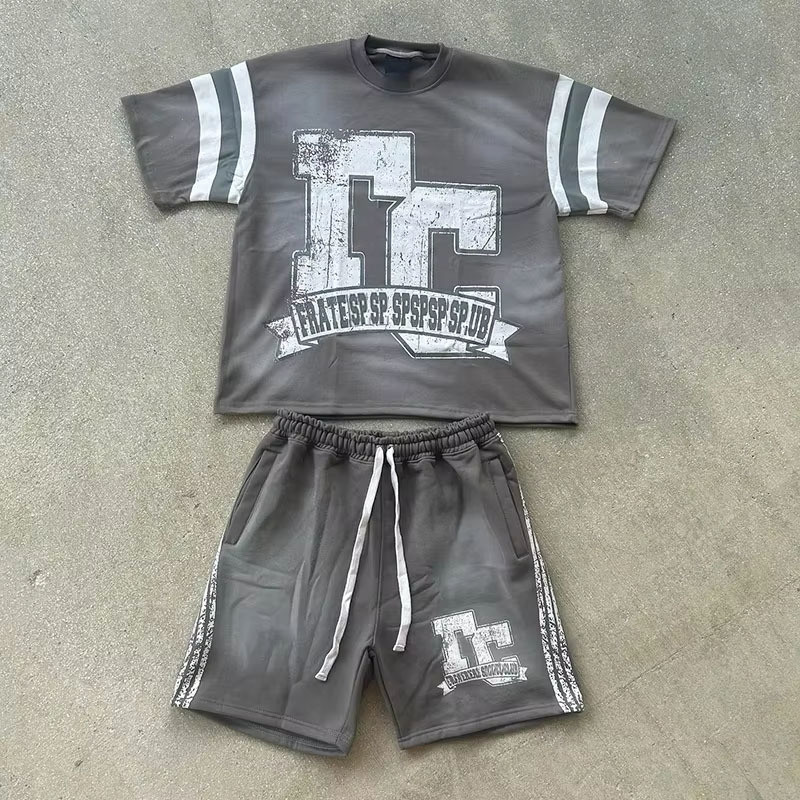 Clothing Manufacturer Custom Streetwear Summer Graphic 100% Cotton Oversized Acid Wash Shorts and t Shirt 2 Piece Set for Men