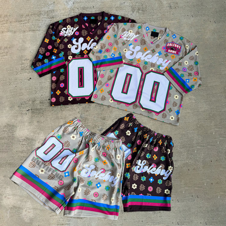 OEM Custom Jersey Polyester Mesh Printing Jogger Sweat Suit Summer Casual Two Piece Shirt Set Boxy Cropped Football Shorts Set