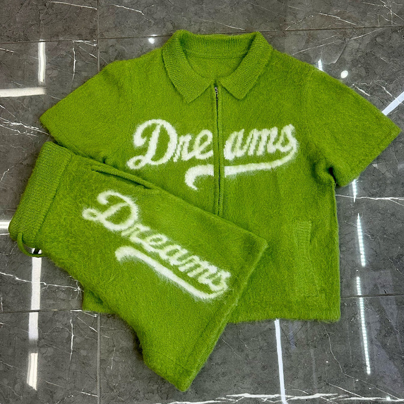 Custom Logo Knitted Mohair Polo Shirt Tracksuit Sweatsuits Unisex Shorts Set Men Summer Mohair Zip up Shirts Shorts Short Set