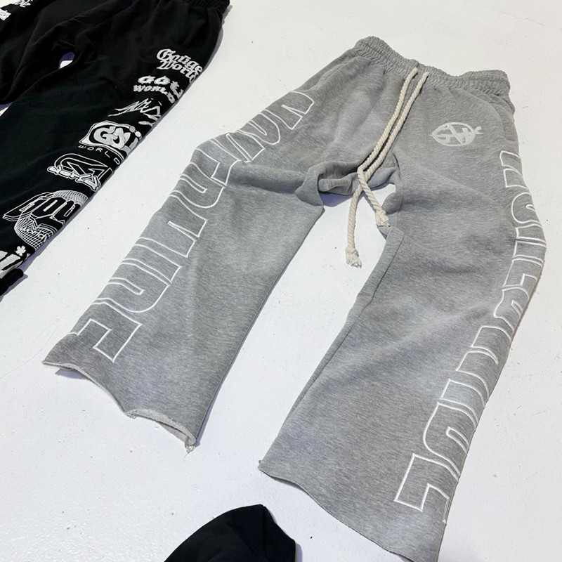 OEM Custom Print Logo Raw Hem 100 Cotton Heavyweight Stacked Flared Sweat Pants Track Pant Straight Legging Sweatpants Men