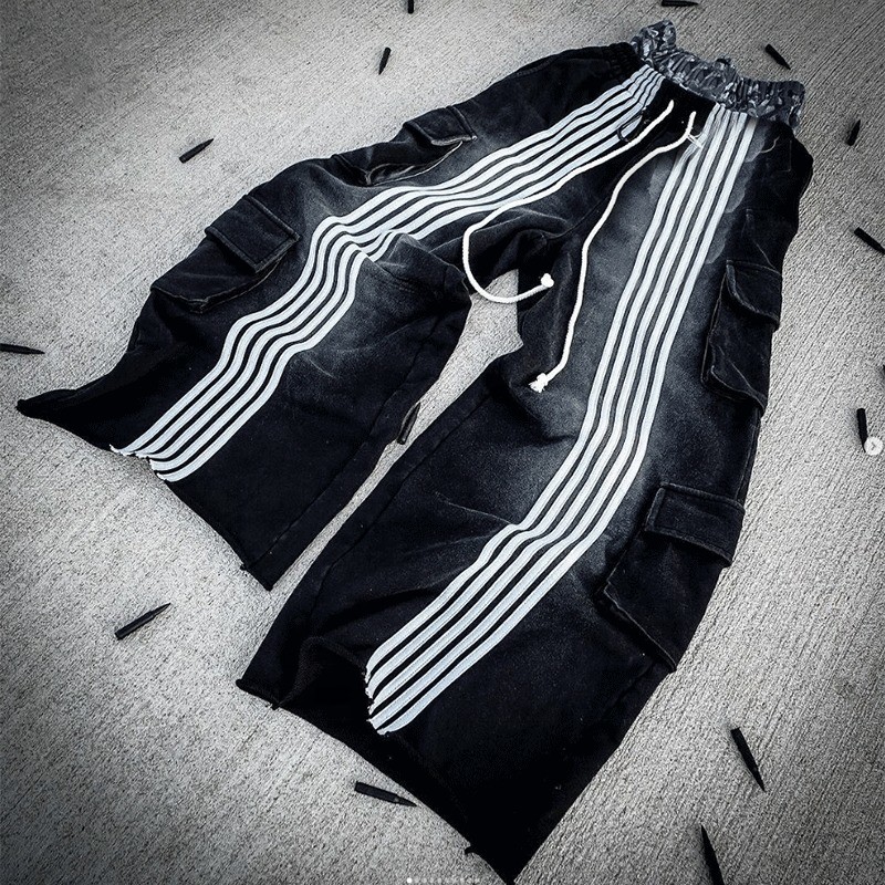 Custom Logo Embroidery Double Layer Waist Track Pants Oversized Baggy Cargo Striped Sweat Jogger Pants Flared Sweatpants for Men
