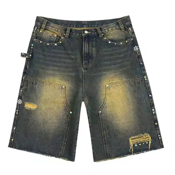 Custom Distressed Men's Baggy Denim Jorts Vintage Distressed Washed High Waist Rhinestones Skate Shorts High Heavy Quality Jorts