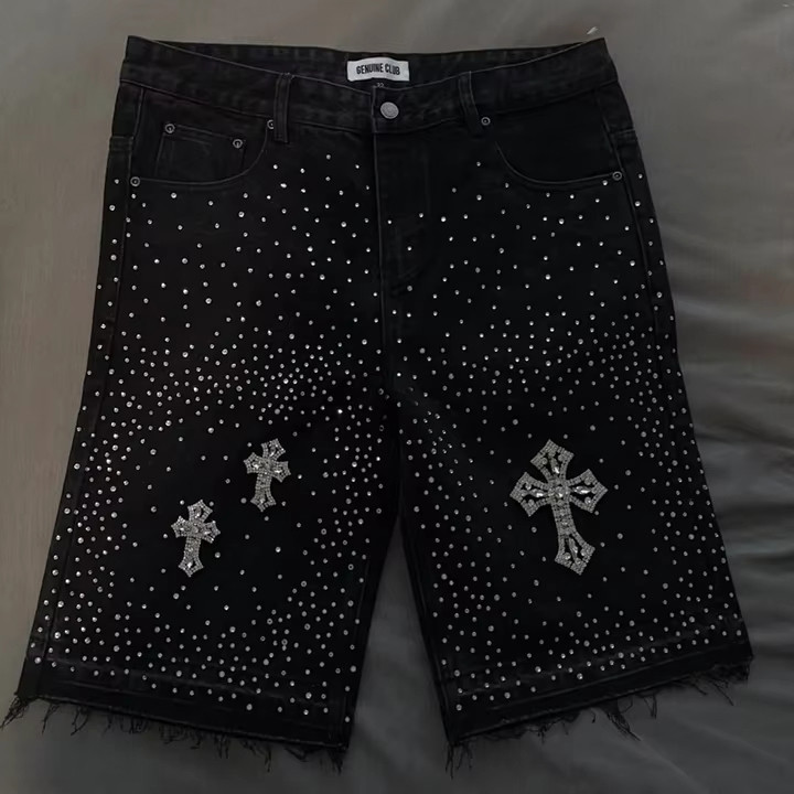 Custom Slim Jeans Summer Vintage Street Wear Heavyweight Denim Shorts Manufacturers Men's Baggy Denim Shorts Rhinestone Jorts