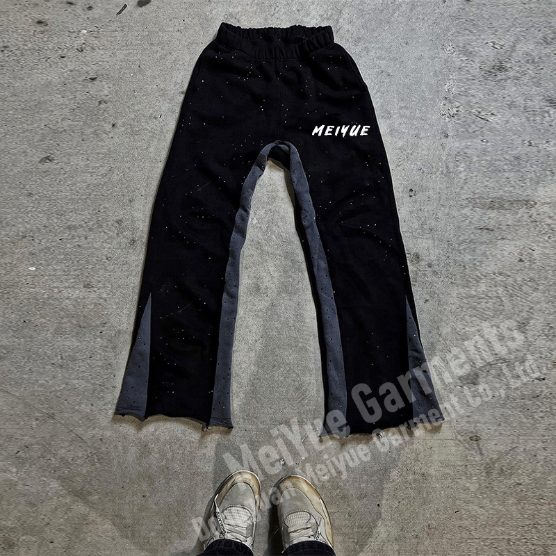 Custom Rhinestone Print Mens Joggers Wide Leg Flare Baggy Acid Wash Stacked Sweatpants Men Casual Sweat Pants Trousers for Men