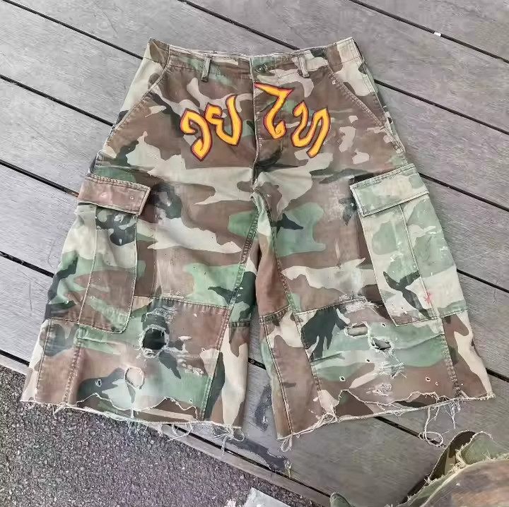 Custom Manufacturer Streetwear Cut Edge Dtg Print Baggy Oversized Ripped Distressed Camouflage Camo Cargo Shorts for Men