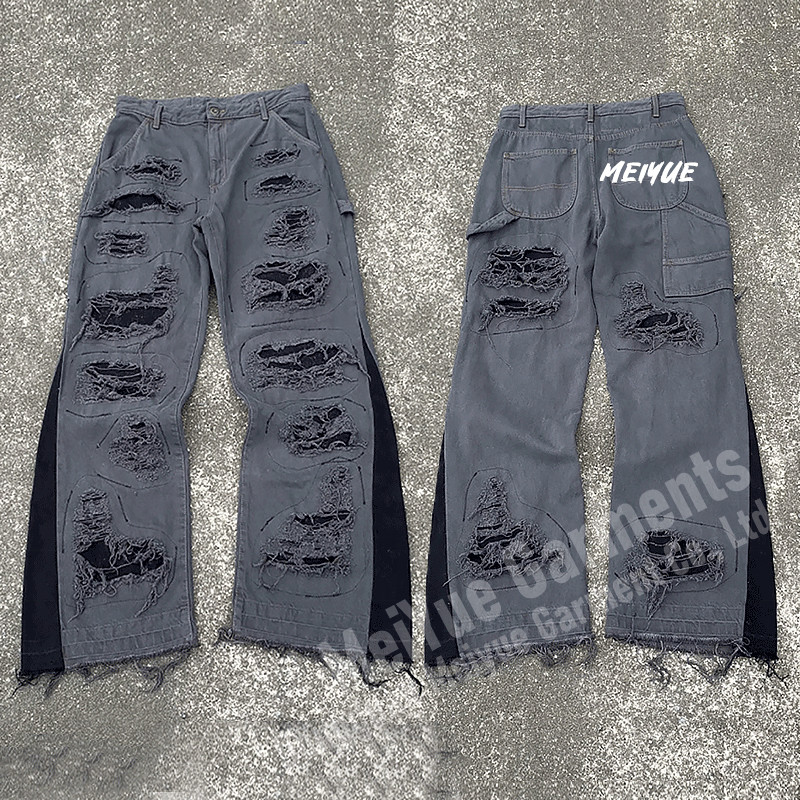 Custom Mens Joggers Wide Leg Flared Baggy Distressed Stacked Sweatpants Men Casual Sweat Cargo Holey Pants Trousers for Men