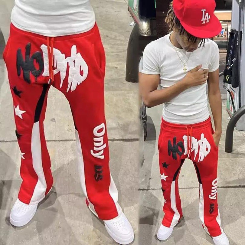 OEM  French Terry Men Streetwear Flared Joggers  Fleece Cotton Track Flared Sweatpants Custom Print 3d Casual Puff  Logo Man
